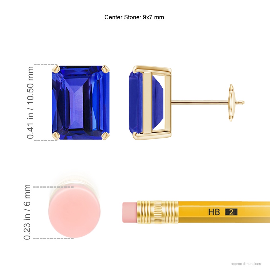 9x7mm AAAA Prong-Set Emerald-Cut Tanzanite Solitaire Stud Earrings in Yellow Gold ruler
