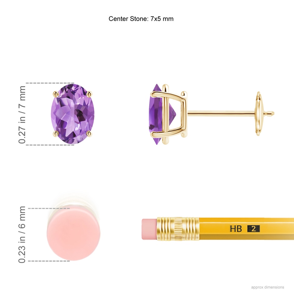 7x5mm A Prong-Set Oval Solitaire Amethyst Stud Earrings in 10K Yellow Gold ruler
