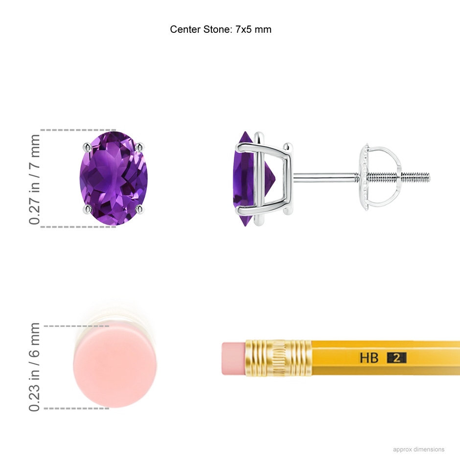 7x5mm AAAA Prong-Set Oval Solitaire Amethyst Stud Earrings in P950 Platinum ruler