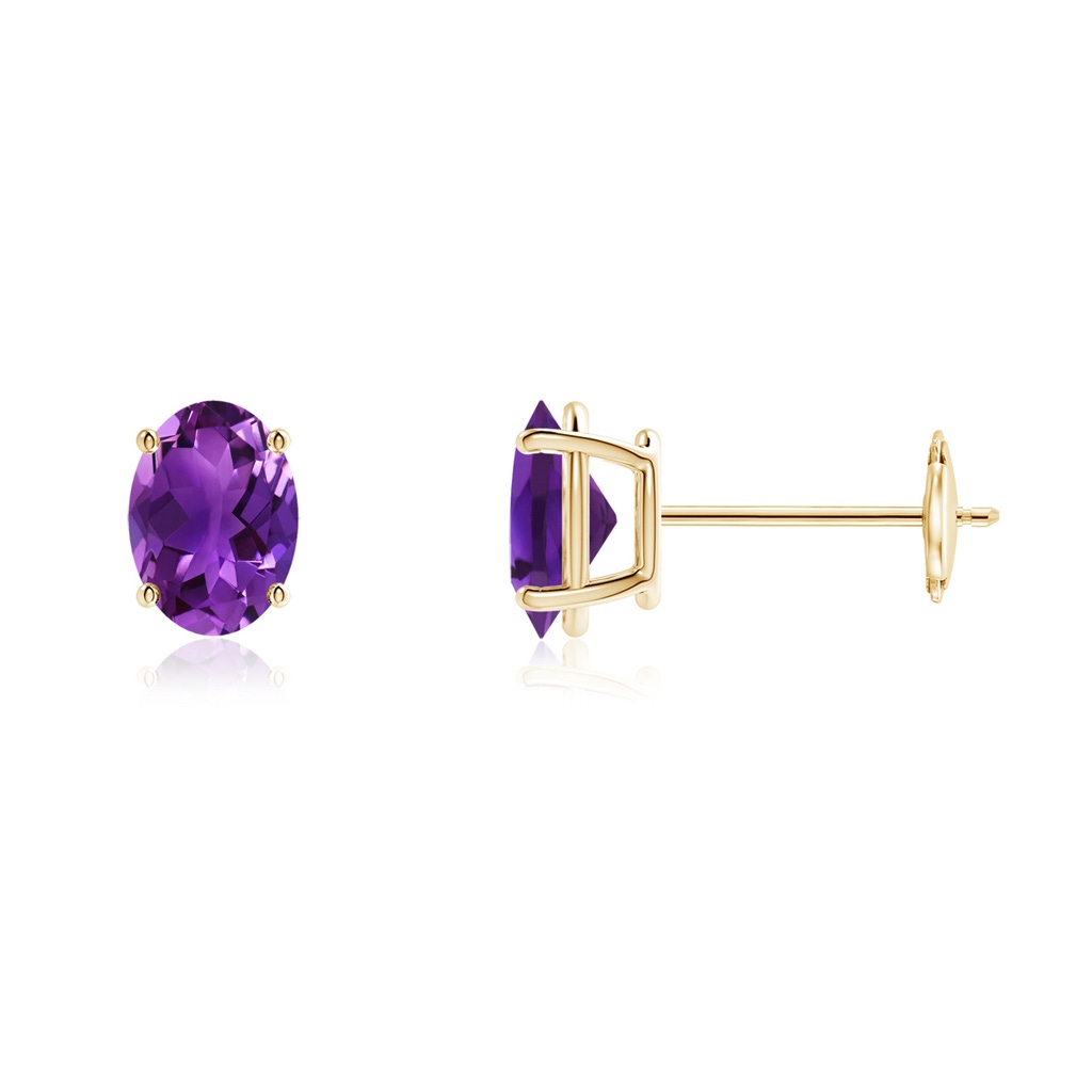 7x5mm AAAA Prong-Set Oval Solitaire Amethyst Stud Earrings in Yellow Gold