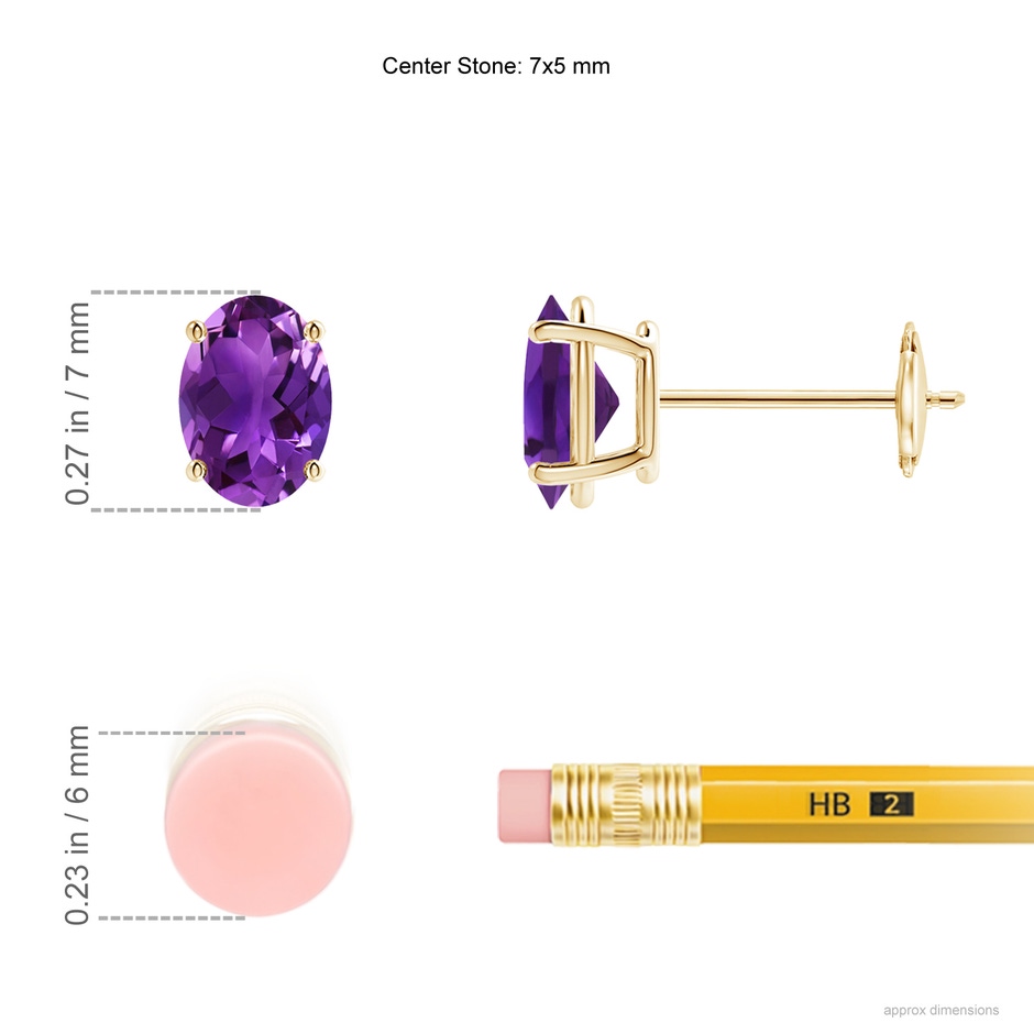7x5mm AAAA Prong-Set Oval Solitaire Amethyst Stud Earrings in Yellow Gold ruler