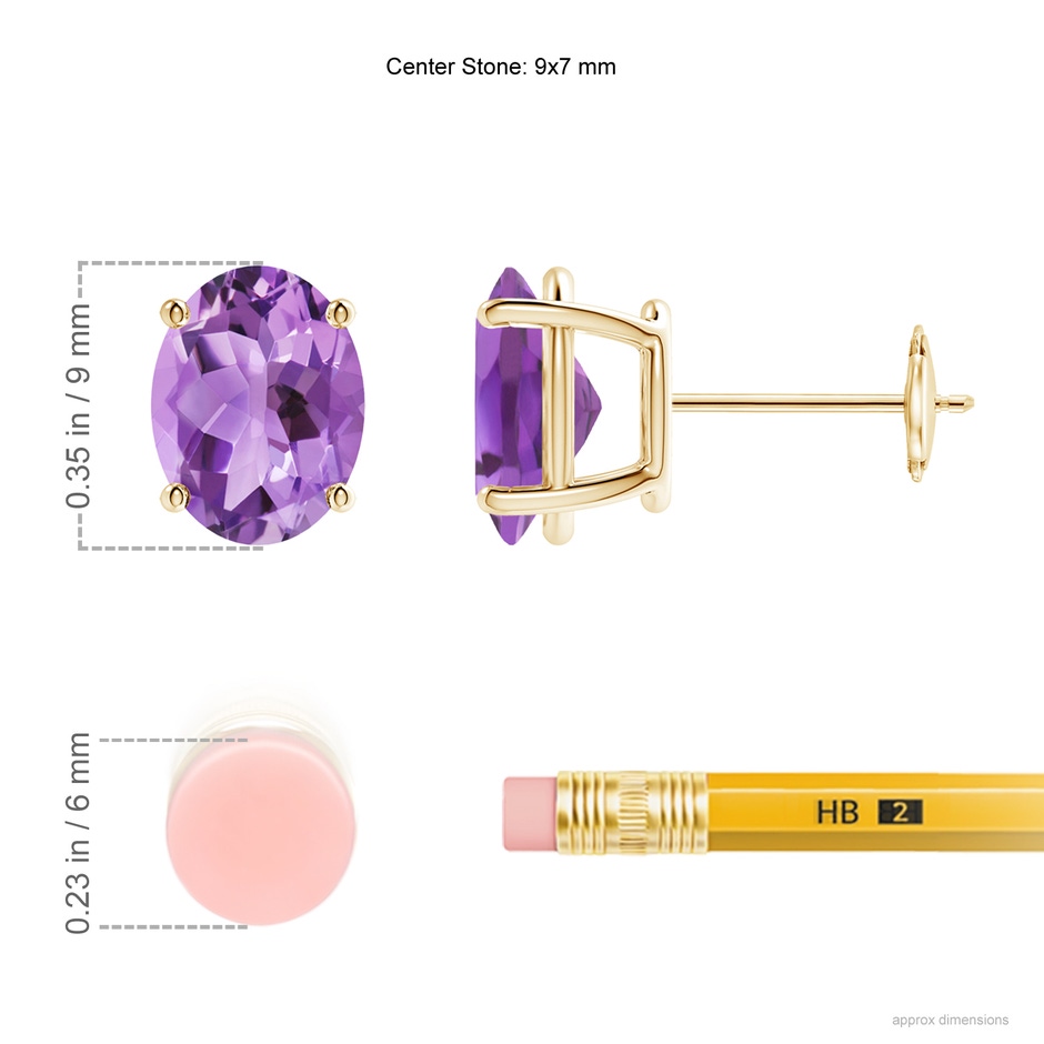 9x7mm A Prong-Set Oval Solitaire Amethyst Stud Earrings in Yellow Gold ruler