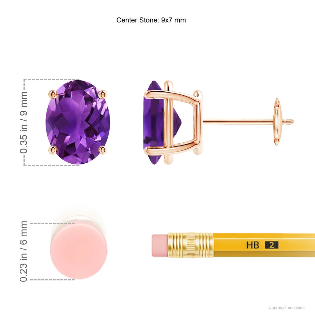 9x7mm AAAA Prong-Set Oval Solitaire Amethyst Stud Earrings in Rose Gold Ruler