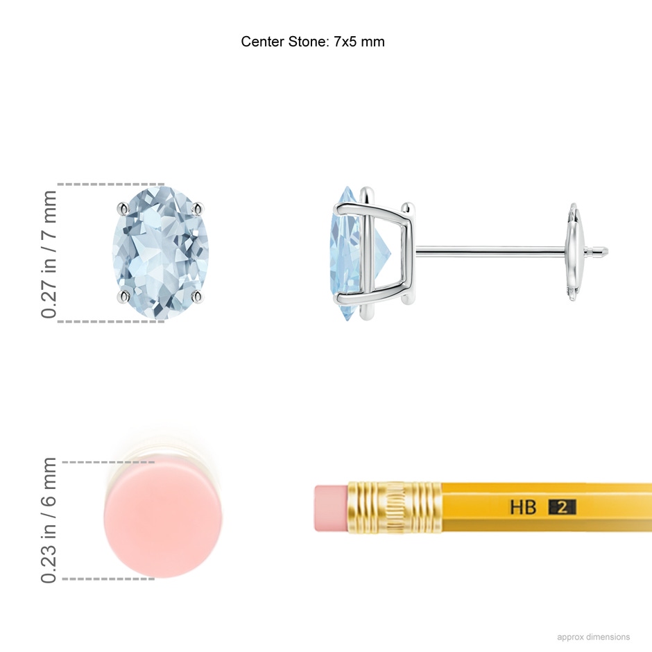 7x5mm A Prong-Set Oval Solitaire Aquamarine Stud Earrings in 9K White Gold ruler