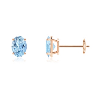 7x5mm AAA Prong-Set Oval Solitaire Aquamarine Stud Earrings in Rose Gold