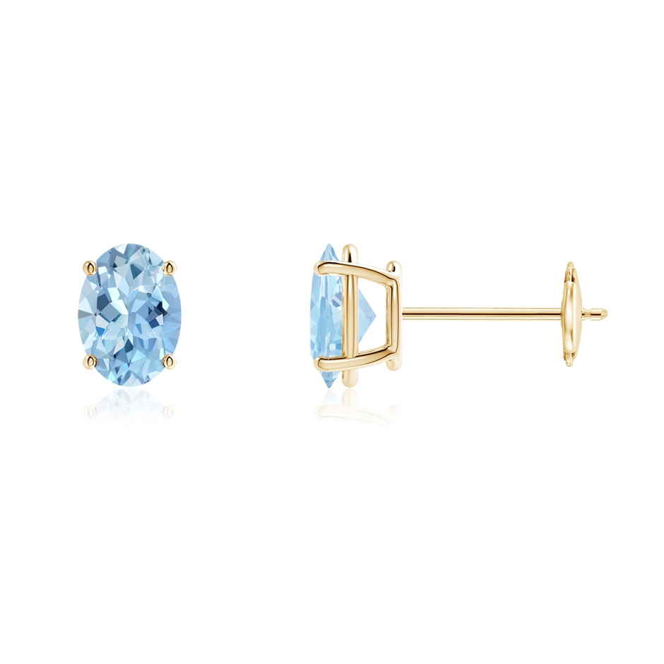 7x5mm AAA Prong-Set Oval Solitaire Aquamarine Stud Earrings in Yellow Gold 