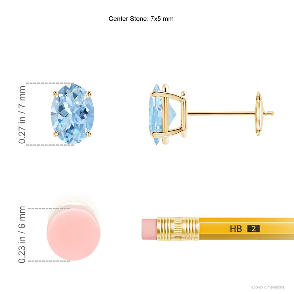 7x5mm AAA Prong-Set Oval Solitaire Aquamarine Stud Earrings in Yellow Gold ruler