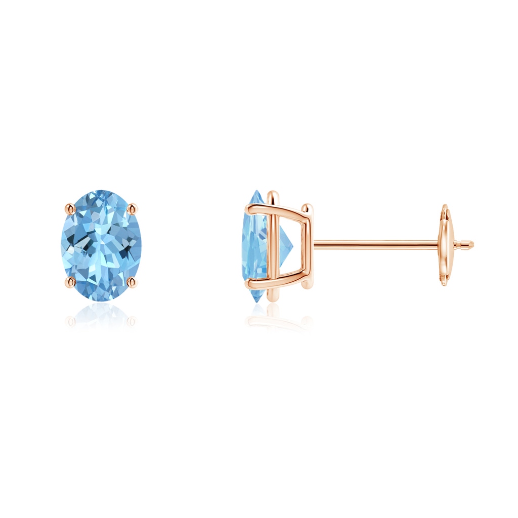 7x5mm AAAA Prong-Set Oval Solitaire Aquamarine Stud Earrings in Rose Gold