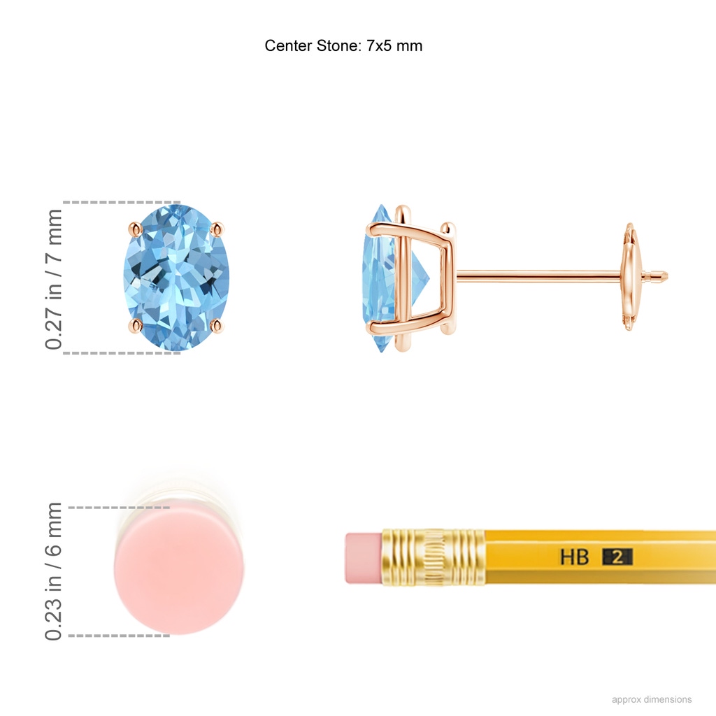 7x5mm AAAA Prong-Set Oval Solitaire Aquamarine Stud Earrings in Rose Gold Product Image