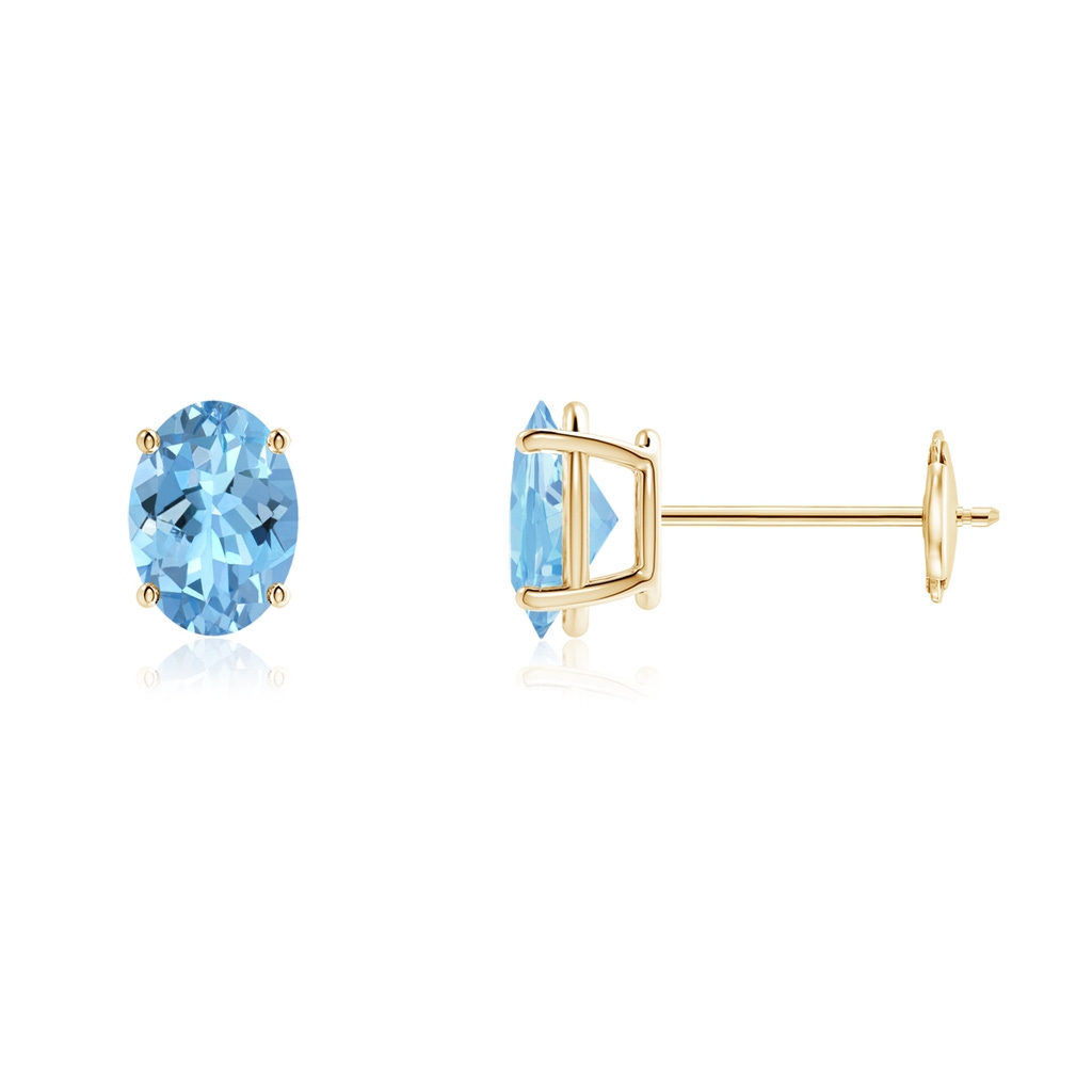 7x5mm AAAA Prong-Set Oval Solitaire Aquamarine Stud Earrings in Yellow Gold