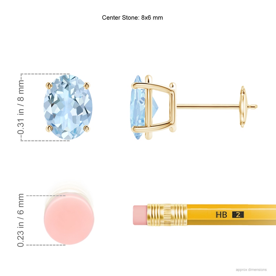 8x6mm AA Prong-Set Oval Solitaire Aquamarine Stud Earrings in Yellow Gold ruler