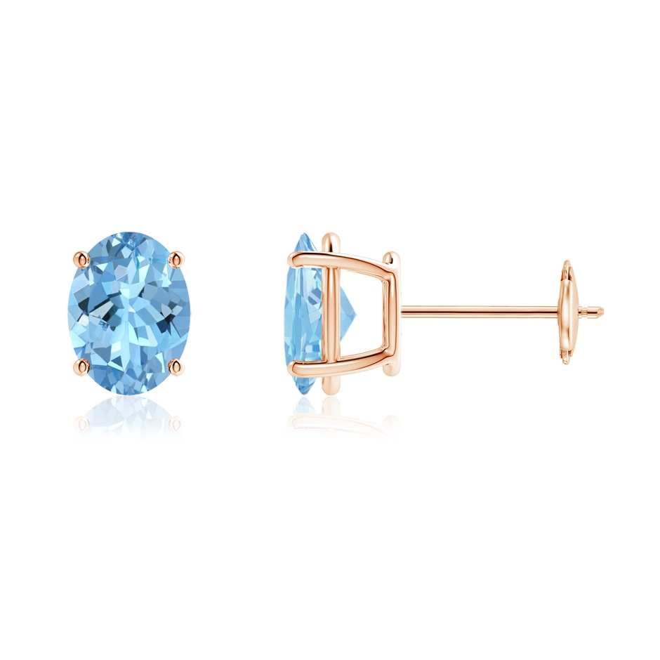 8x6mm AAAA Prong-Set Oval Solitaire Aquamarine Stud Earrings in Rose Gold 