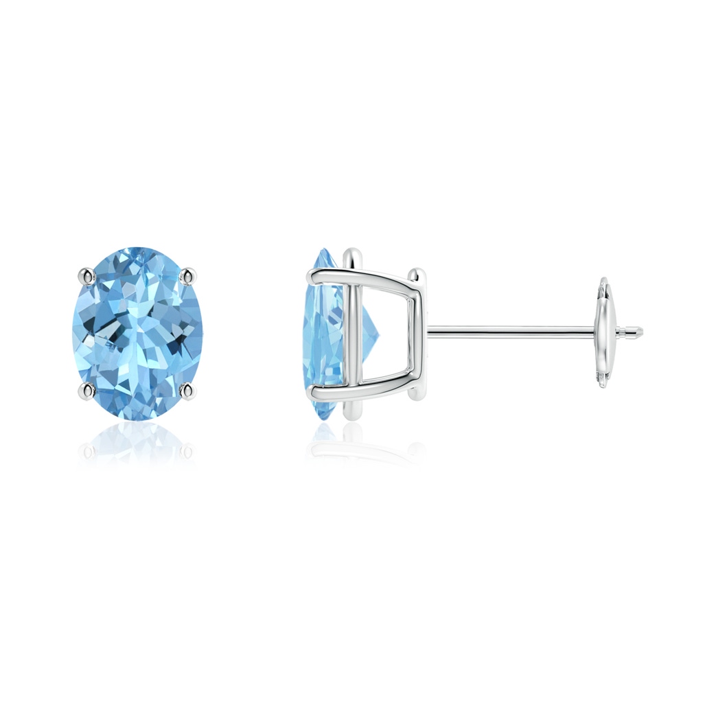8x6mm AAAA Prong-Set Oval Solitaire Aquamarine Stud Earrings in White Gold