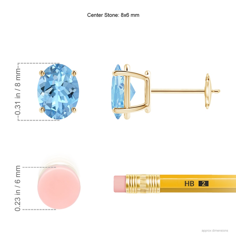 8x6mm AAAA Prong-Set Oval Solitaire Aquamarine Stud Earrings in Yellow Gold ruler