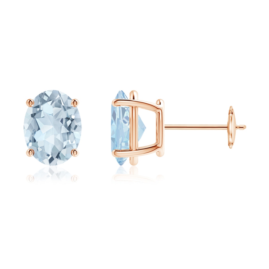 9x7mm A Prong-Set Oval Solitaire Aquamarine Stud Earrings in Rose Gold 