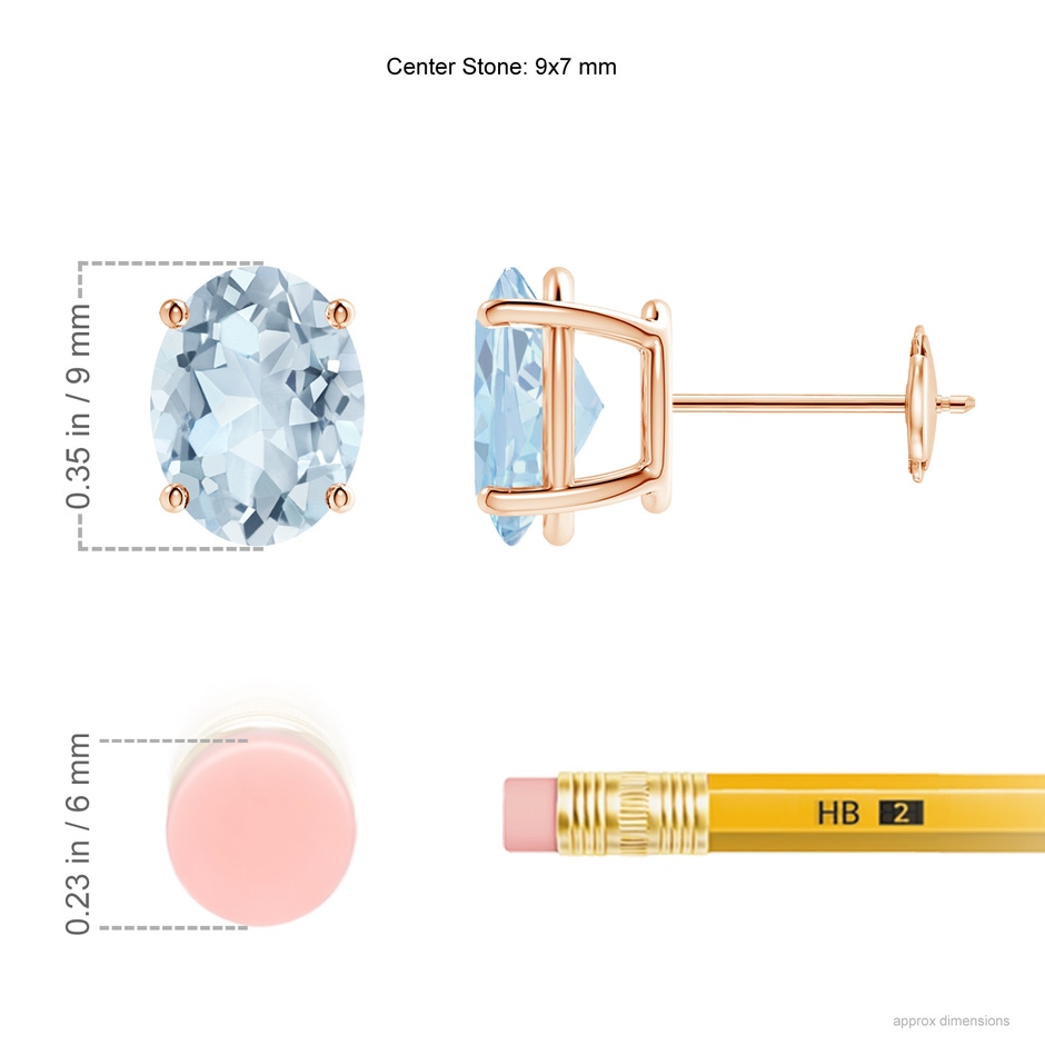 9x7mm A Prong-Set Oval Solitaire Aquamarine Stud Earrings in Rose Gold ruler