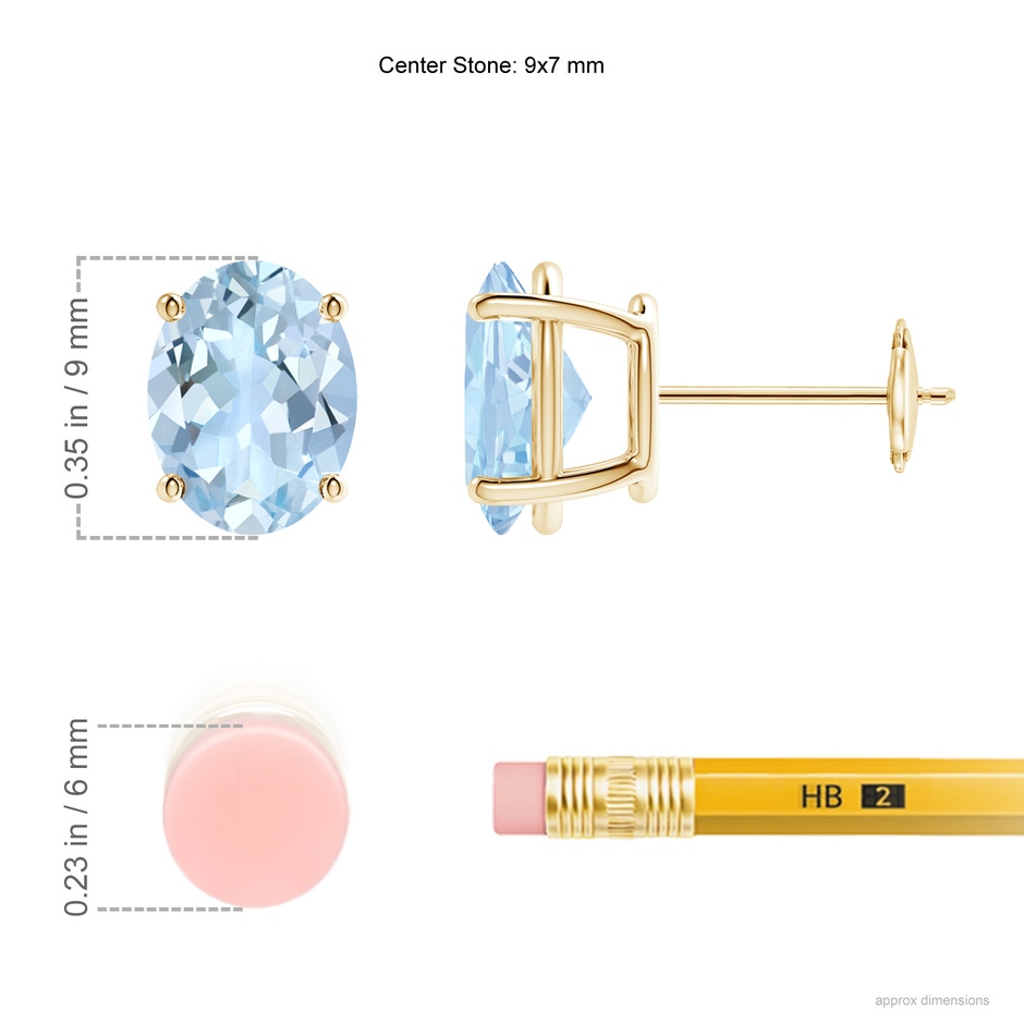 9x7mm AA Prong-Set Oval Solitaire Aquamarine Stud Earrings in Yellow Gold ruler