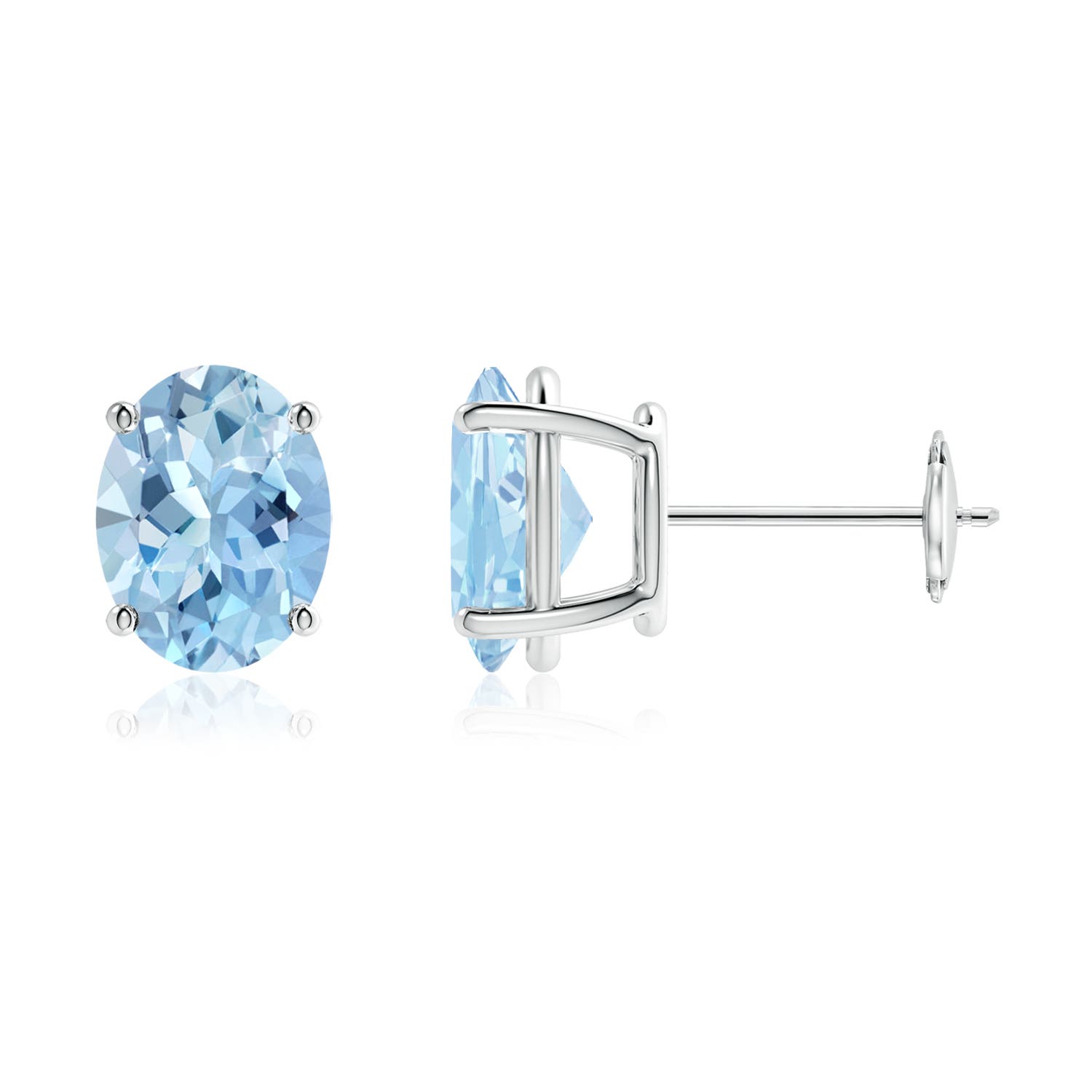 9x7mm AAA Prong-Set Oval Solitaire Aquamarine Stud Earrings in 18K White Gold