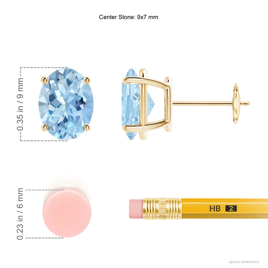 9x7mm AAA Prong-Set Oval Solitaire Aquamarine Stud Earrings in Yellow Gold ruler
