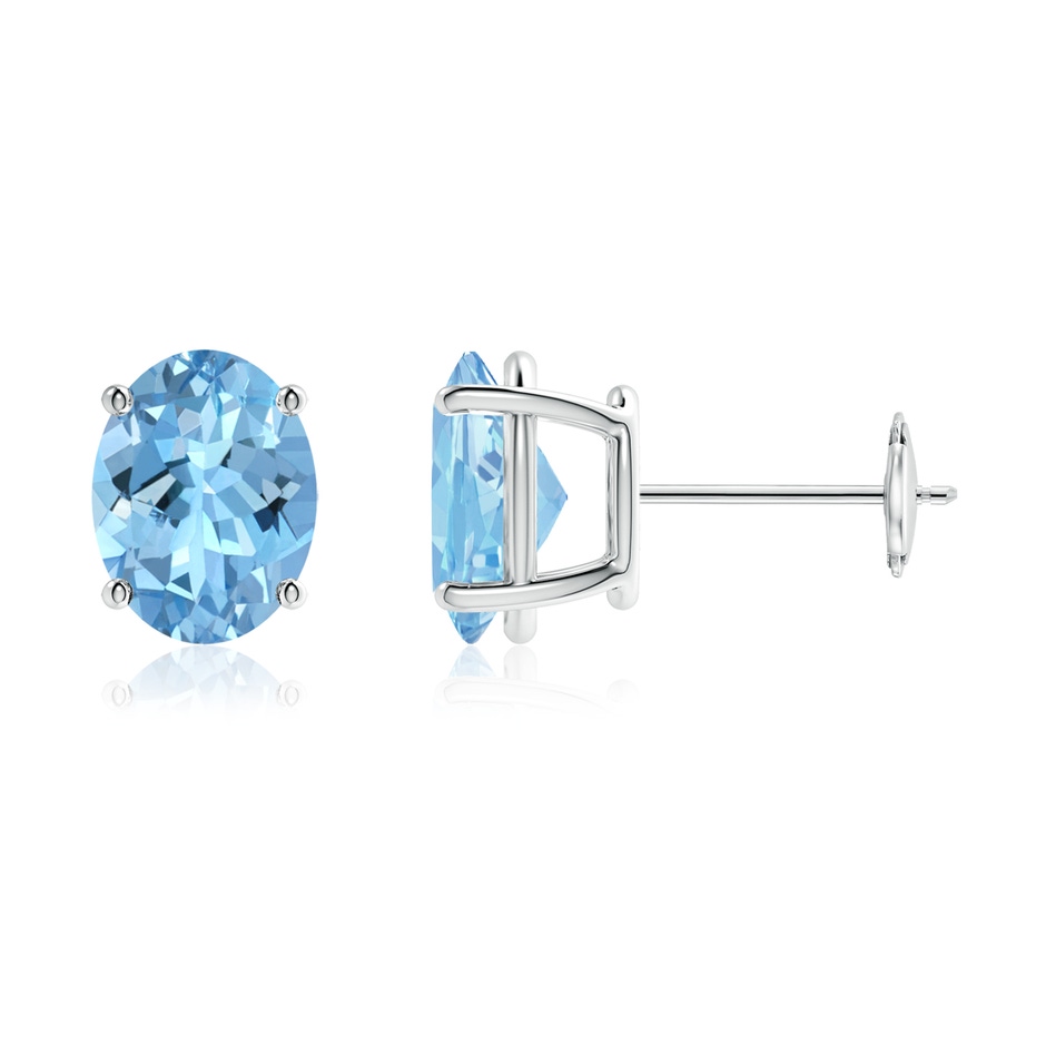 9x7mm AAAA Prong-Set Oval Solitaire Aquamarine Stud Earrings in 18K White Gold 