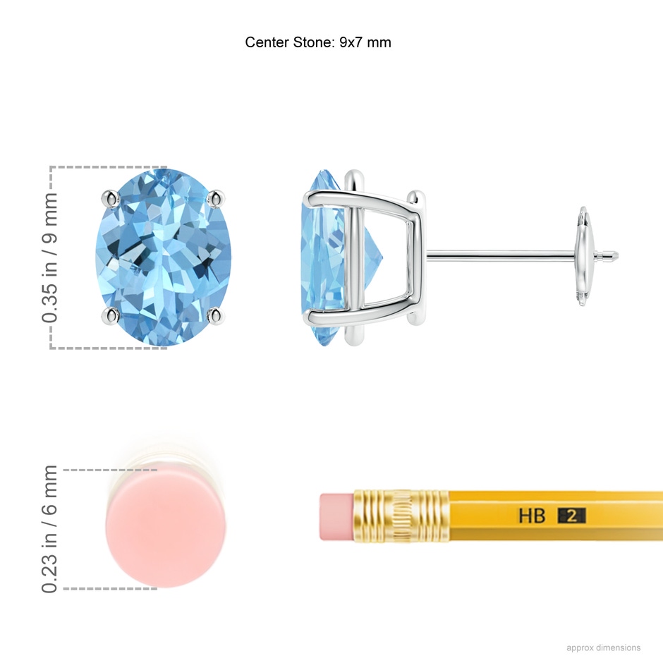 9x7mm AAAA Prong-Set Oval Solitaire Aquamarine Stud Earrings in 18K White Gold ruler