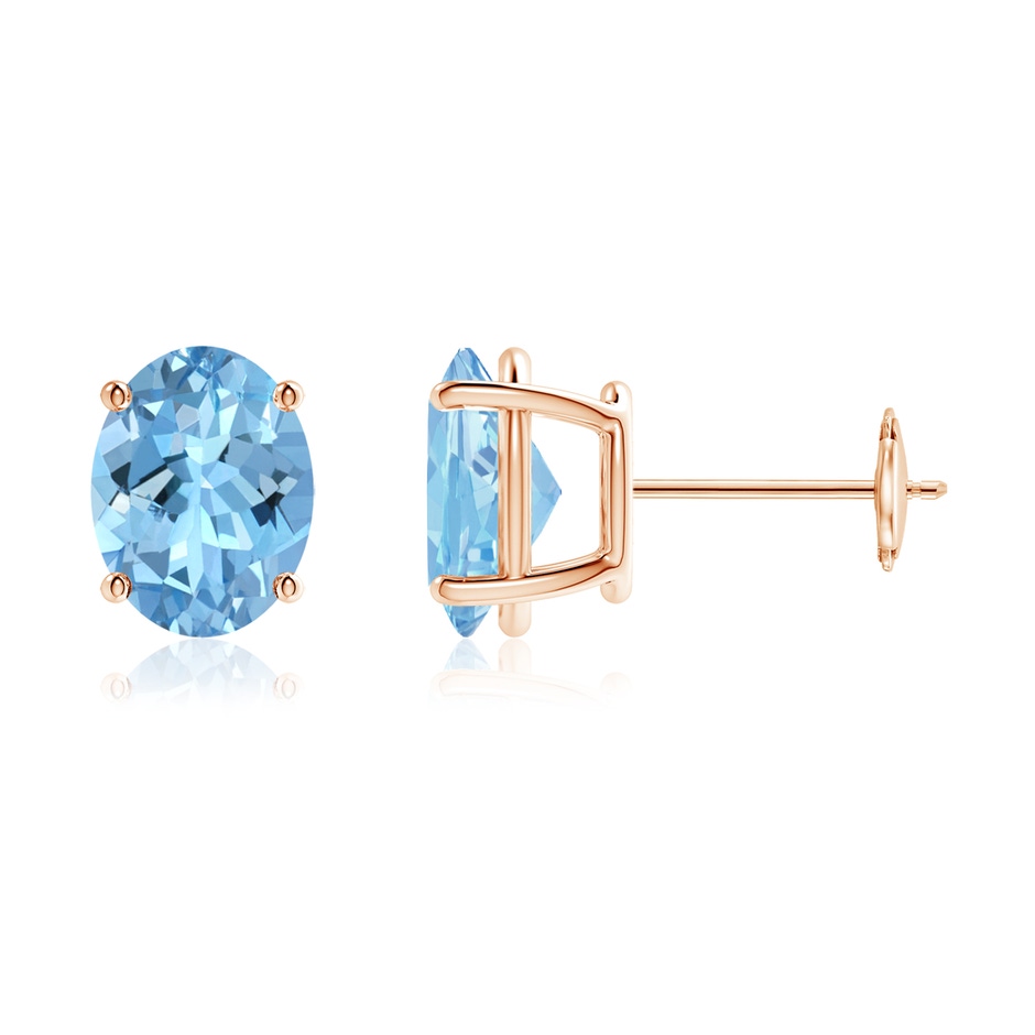 9x7mm AAAA Prong-Set Oval Solitaire Aquamarine Stud Earrings in Rose Gold 