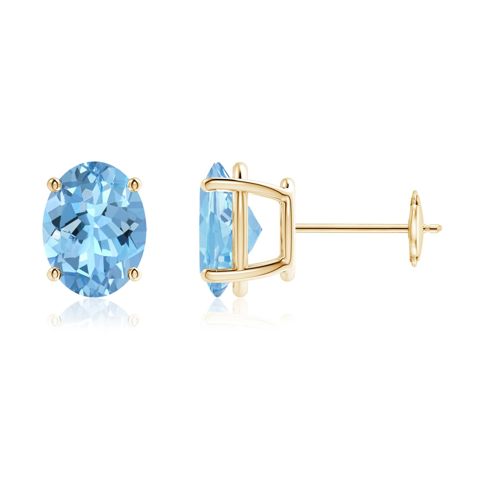 9x7mm AAAA Prong-Set Oval Solitaire Aquamarine Stud Earrings in Yellow Gold 