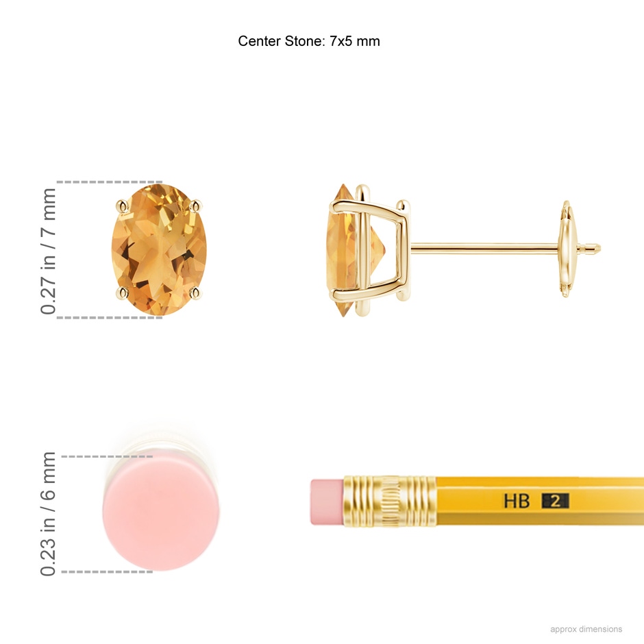 7x5mm A Prong-Set Oval Solitaire Citrine Stud Earrings in Yellow Gold ruler