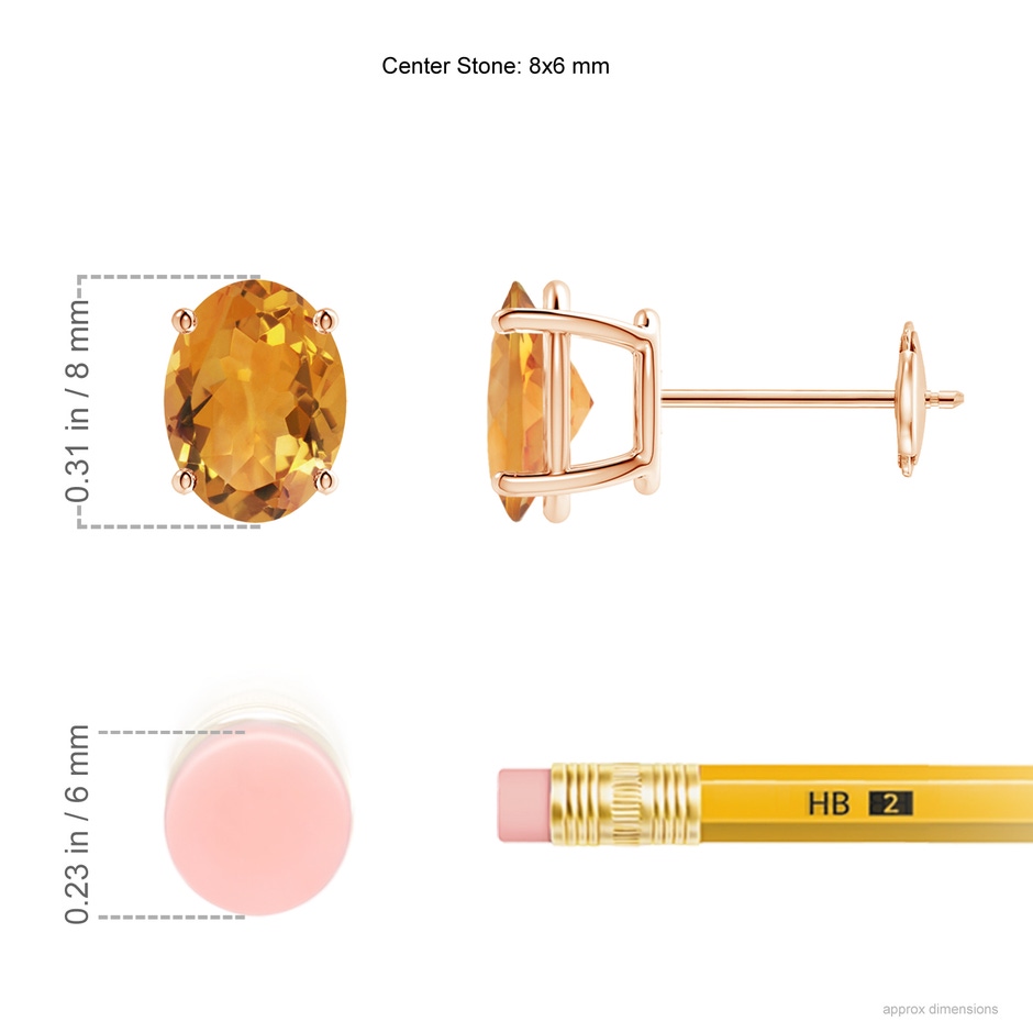 8x6mm AA Prong-Set Oval Solitaire Citrine Stud Earrings in Rose Gold ruler