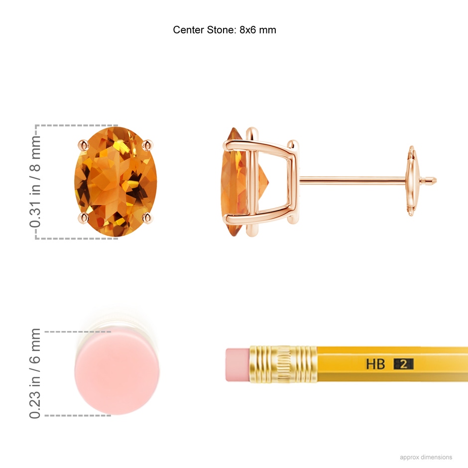 8x6mm AAA Prong-Set Oval Solitaire Citrine Stud Earrings in Rose Gold ruler