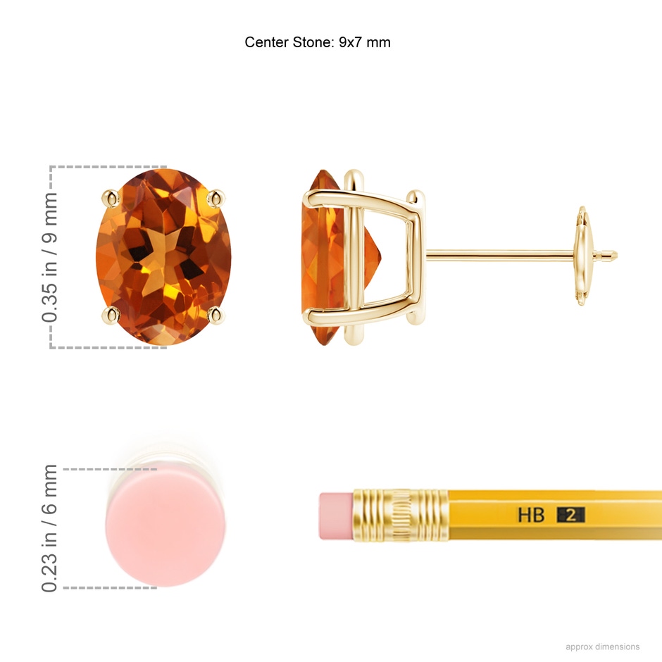 9x7mm AAAA Prong-Set Oval Solitaire Citrine Stud Earrings in 18K Yellow Gold ruler