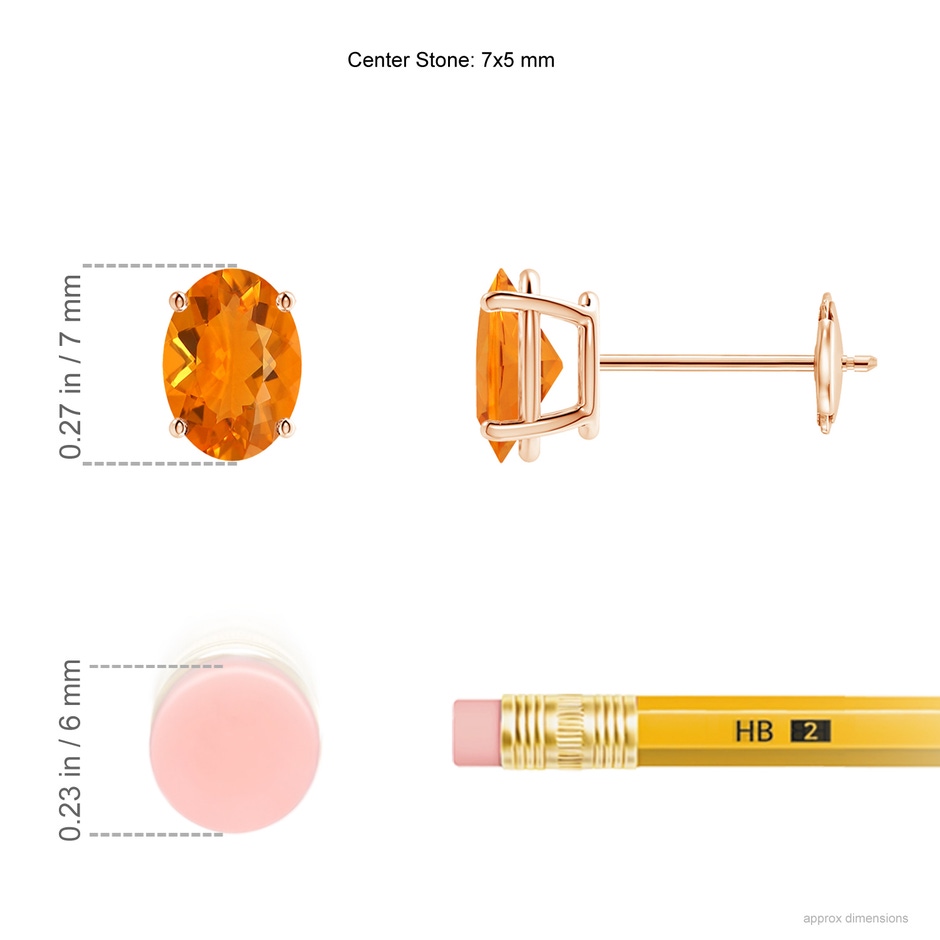 7x5mm AA Prong-Set Oval Solitaire Fire Opal Stud Earrings in Rose Gold ruler