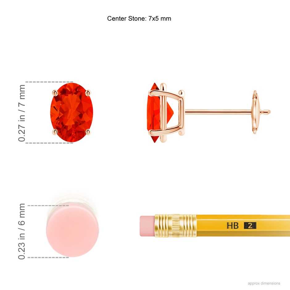 7x5mm AAAA Prong-Set Oval Solitaire Fire Opal Stud Earrings in Rose Gold ruler