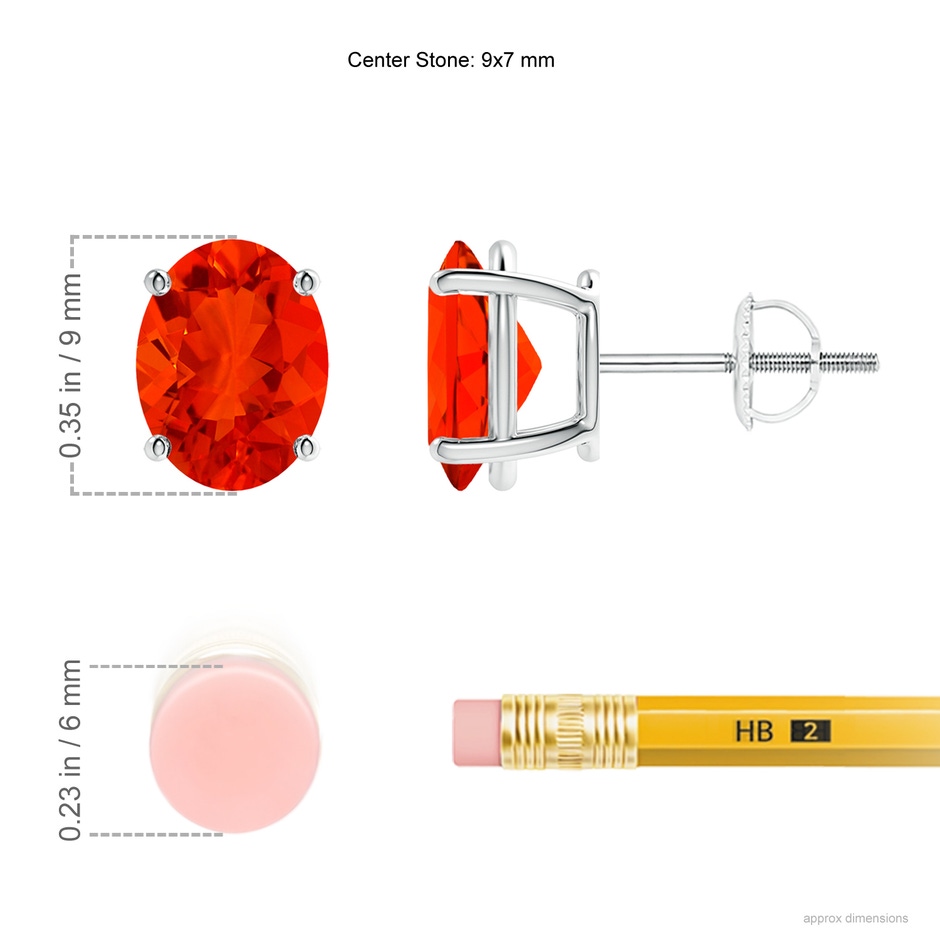 9x7mm AAAA Prong-Set Oval Solitaire Fire Opal Stud Earrings in P950 Platinum ruler
