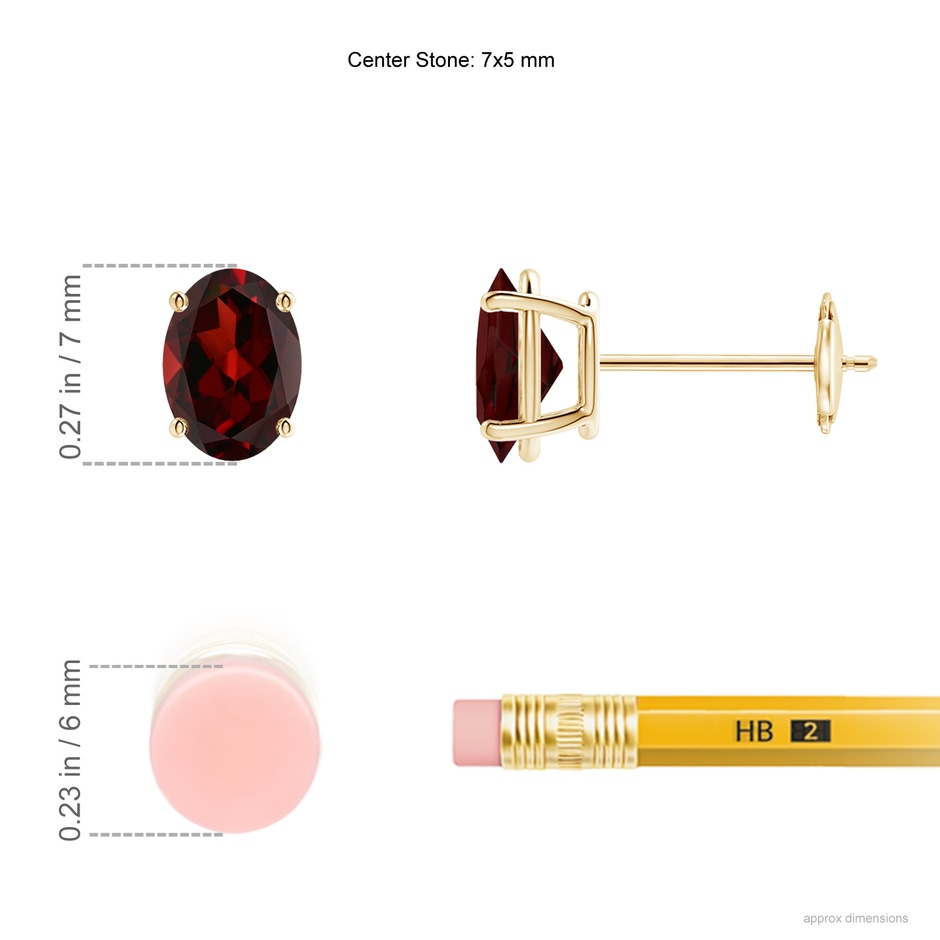 7x5mm AAA Prong-Set Oval Solitaire Garnet Stud Earrings in Yellow Gold ruler