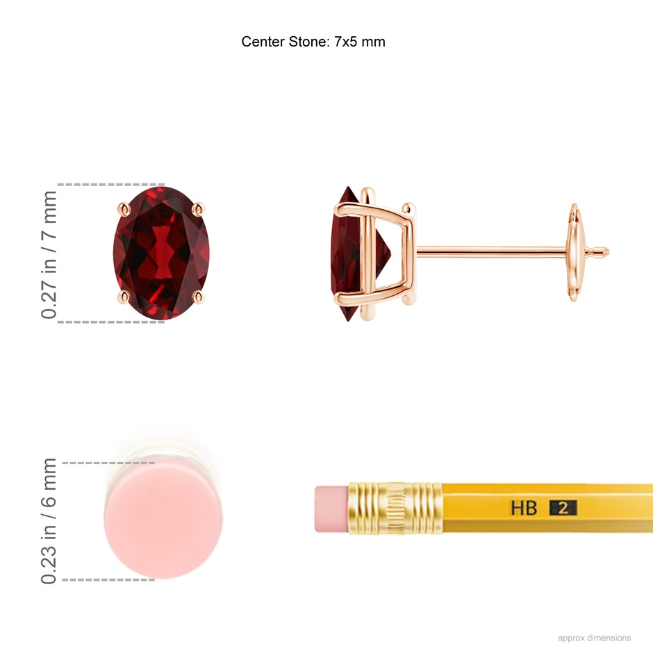 7x5mm AAAA Prong-Set Oval Solitaire Garnet Stud Earrings in Rose Gold ruler