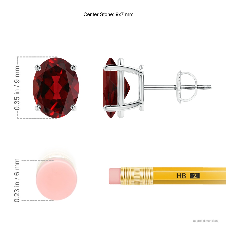 9x7mm AAAA Prong-Set Oval Solitaire Garnet Stud Earrings in P950 Platinum ruler