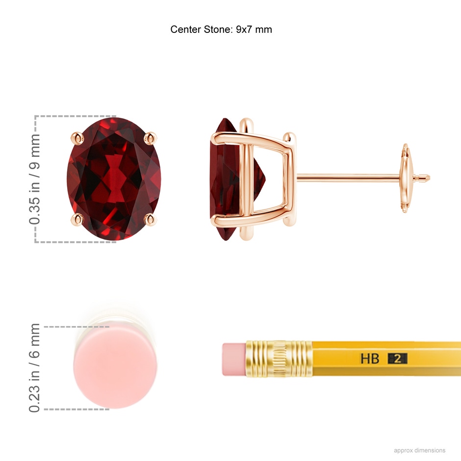 9x7mm AAAA Prong-Set Oval Solitaire Garnet Stud Earrings in Rose Gold ruler