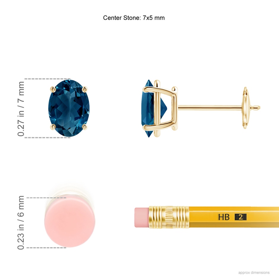 7x5mm AAAA Prong-Set Oval Solitaire London Blue Topaz Stud Earrings in Yellow Gold ruler