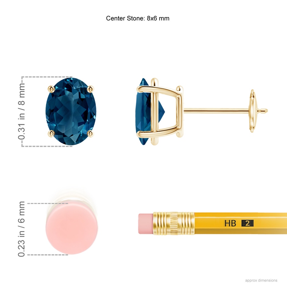 8x6mm AAAA Prong-Set Oval Solitaire London Blue Topaz Stud Earrings in Yellow Gold ruler