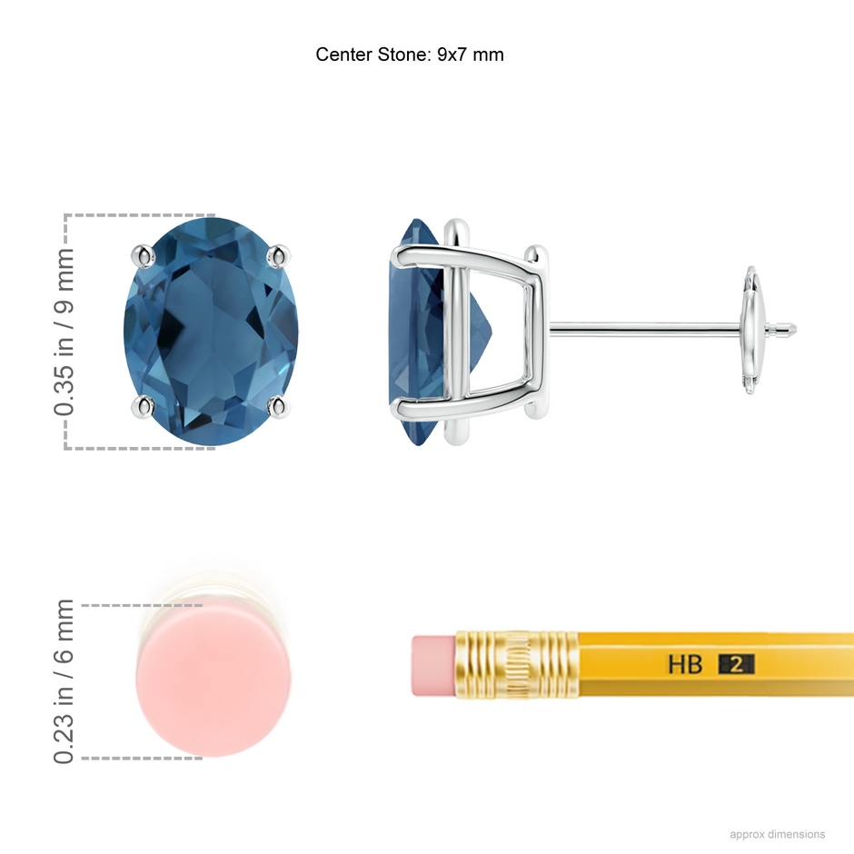 9x7mm A Prong-Set Oval Solitaire London Blue Topaz Stud Earrings in White Gold ruler