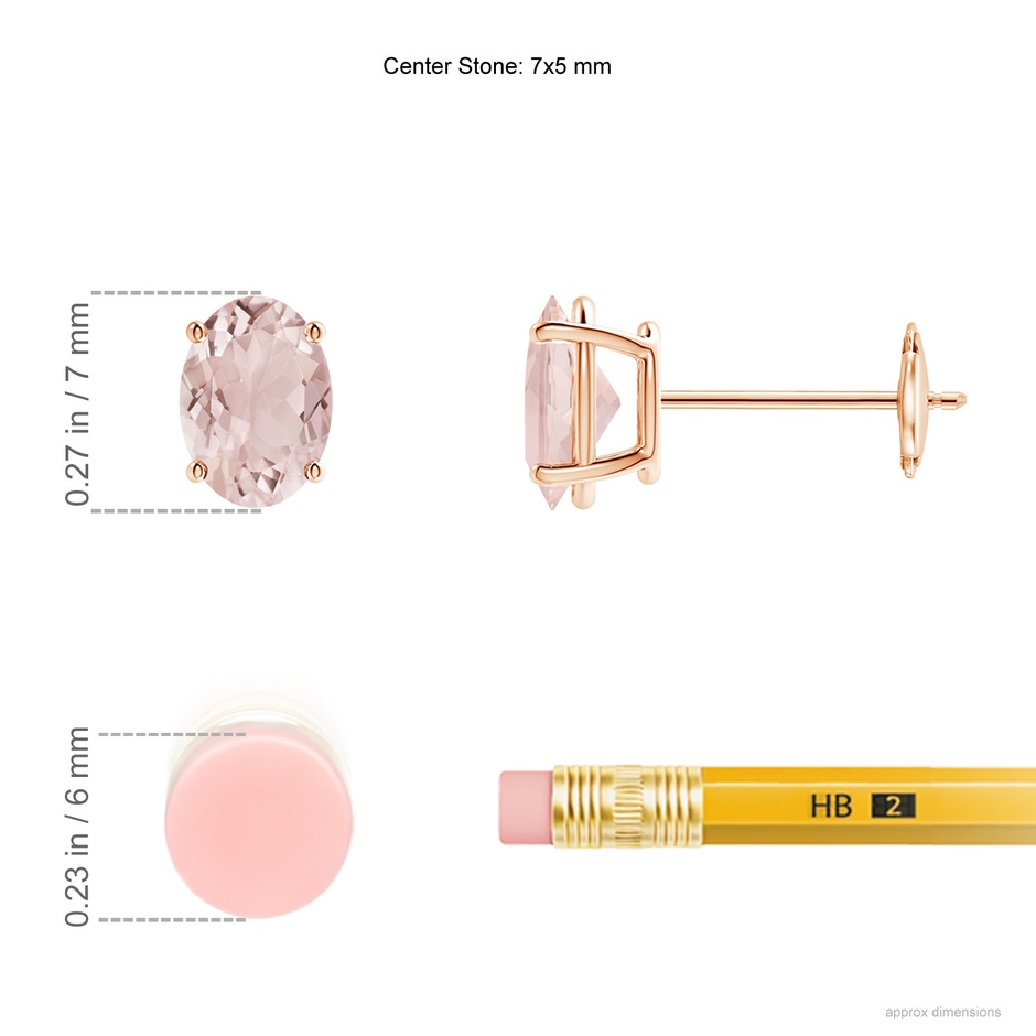 7x5mm A Prong-Set Oval Solitaire Morganite Stud Earrings in 10K Rose Gold ruler