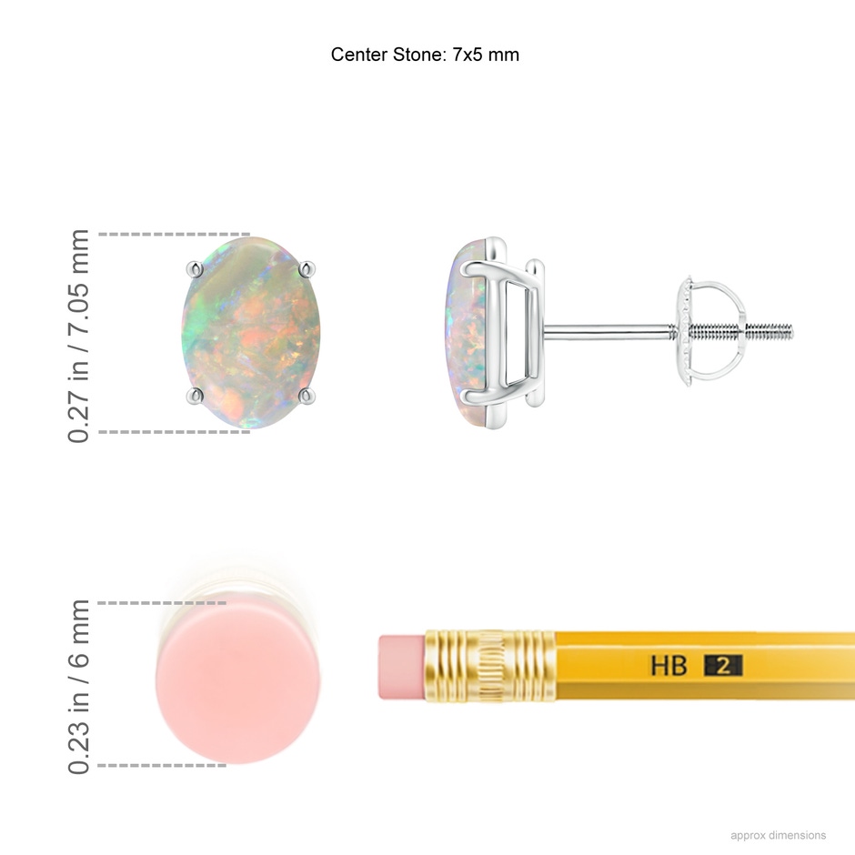 7x5mm AAAA Prong-Set Oval Solitaire Cabochon Opal Stud Earrings in P950 Platinum ruler