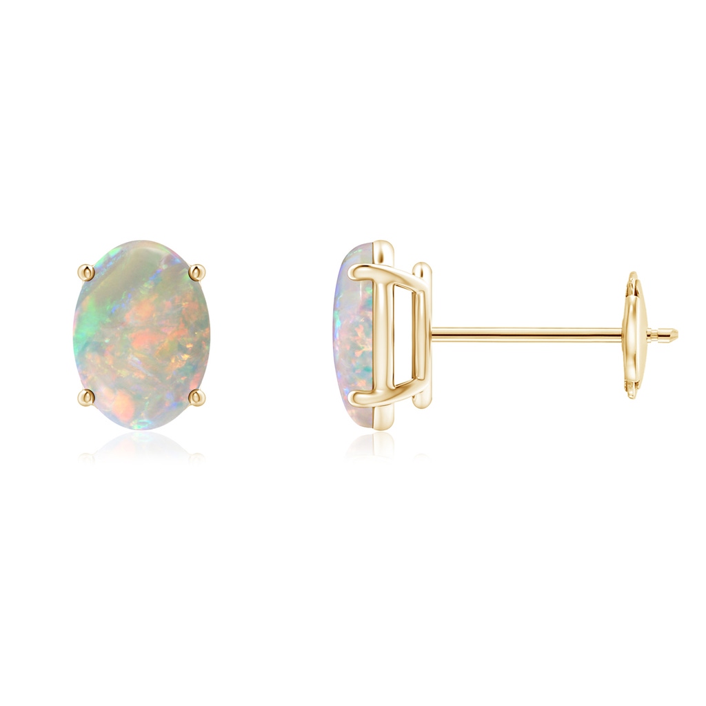 7x5mm AAAA Prong-Set Oval Solitaire Cabochon Opal Stud Earrings in Yellow Gold