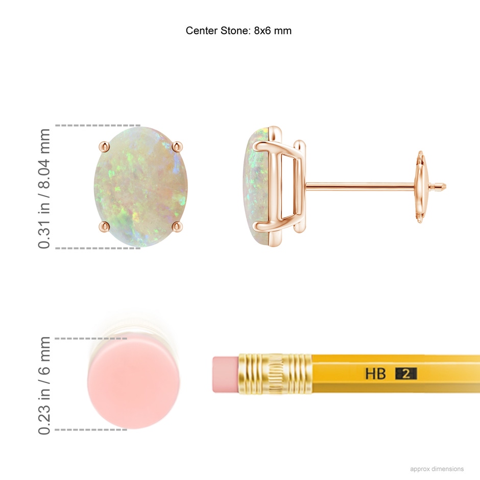 8x6mm AAA Prong-Set Oval Solitaire Cabochon Opal Stud Earrings in Rose Gold ruler