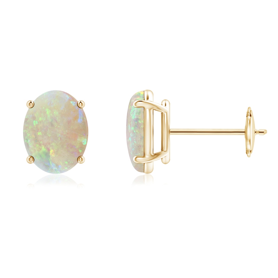 8x6mm AAA Prong-Set Oval Solitaire Cabochon Opal Stud Earrings in Yellow Gold 