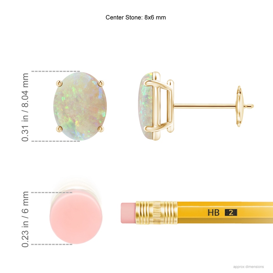 8x6mm AAA Prong-Set Oval Solitaire Cabochon Opal Stud Earrings in Yellow Gold ruler