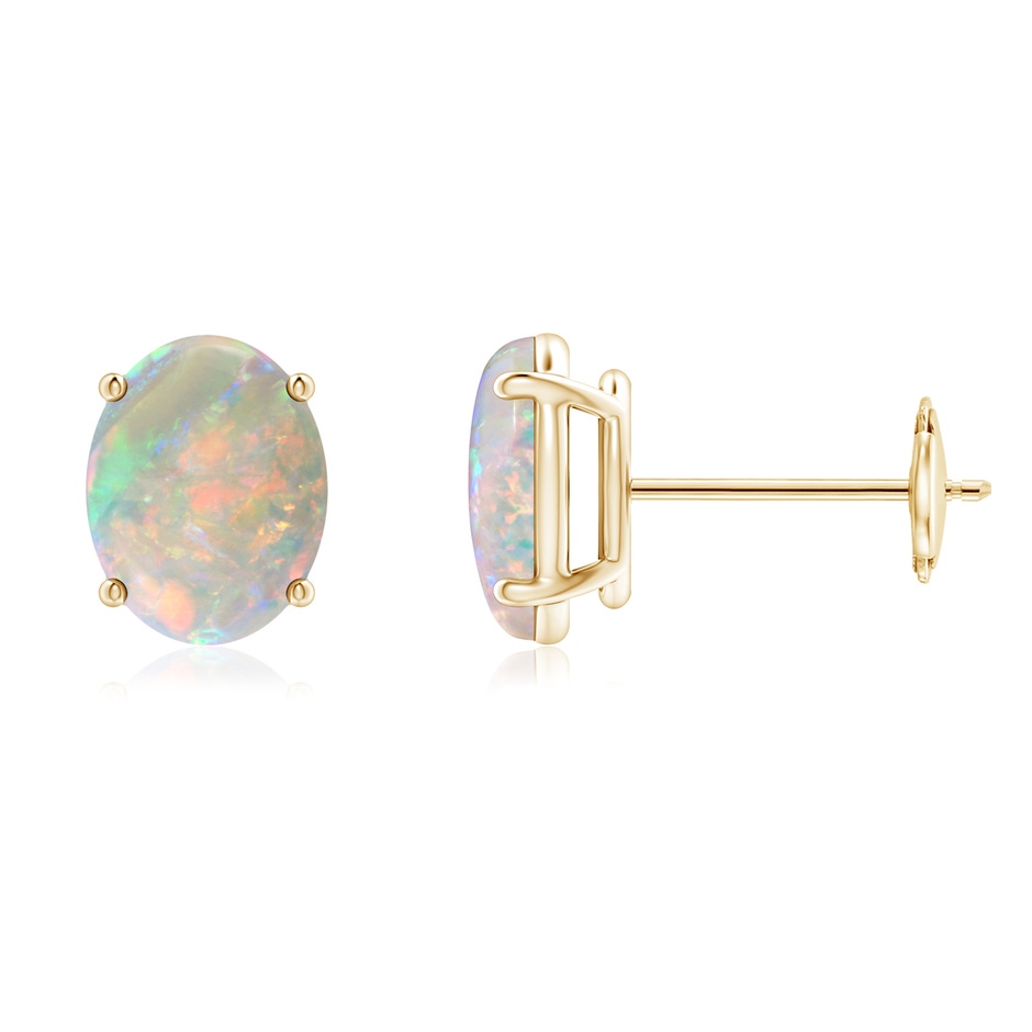 8x6mm AAAA Prong-Set Oval Solitaire Cabochon Opal Stud Earrings in 10K Yellow Gold 