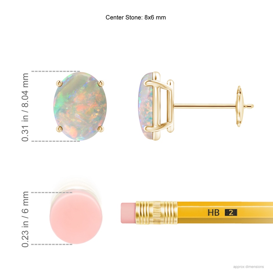 8x6mm AAAA Prong-Set Oval Solitaire Cabochon Opal Stud Earrings in 10K Yellow Gold ruler