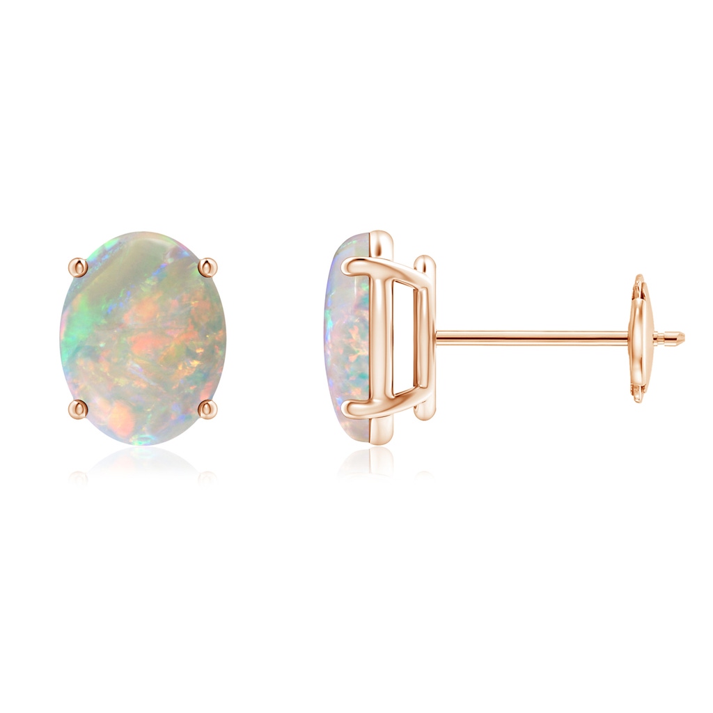 8x6mm AAAA Prong-Set Oval Solitaire Cabochon Opal Stud Earrings in Rose Gold 